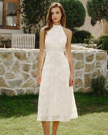 Bej Boyundan Bağlamalı Çiçek Desenli Midi Dresses