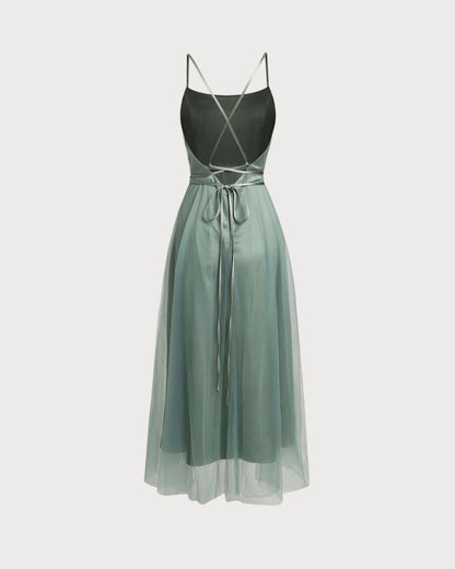 Yeşil File Flowy Slip Midi Elbise