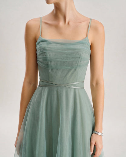 Yeşil File Flowy Slip Midi Elbise