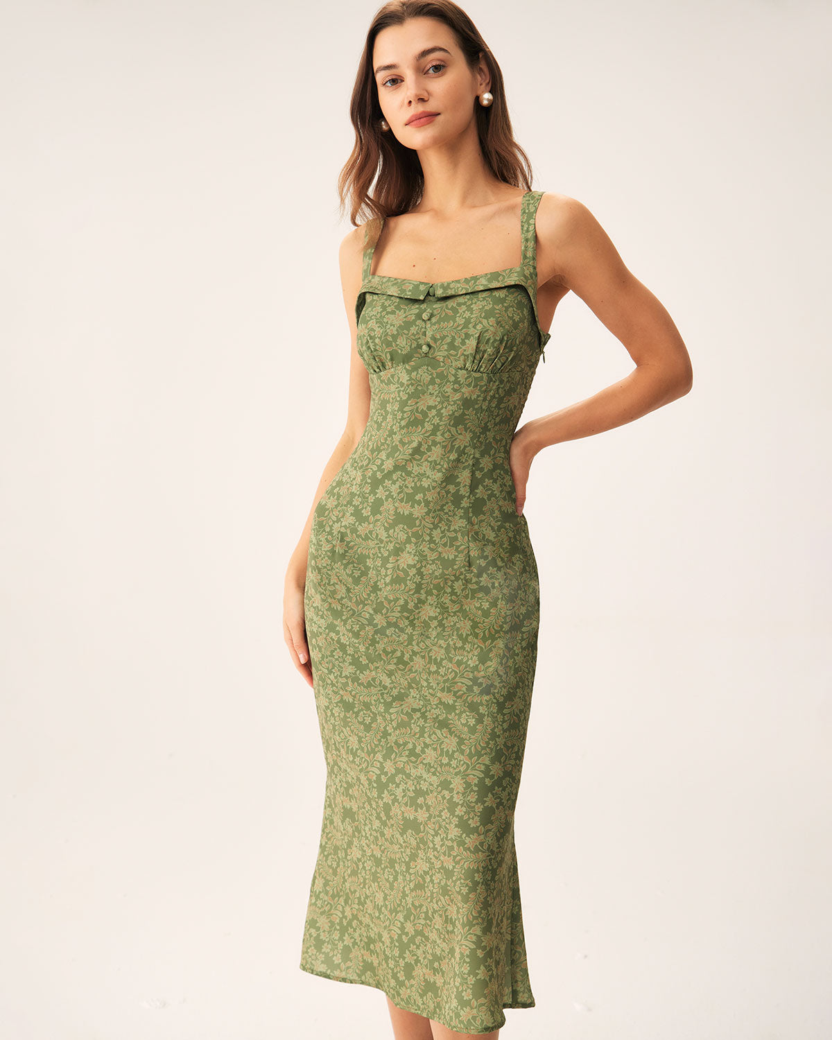 Yeşil Çiçek Desenli Kare Yaka Slip Midi Elbise