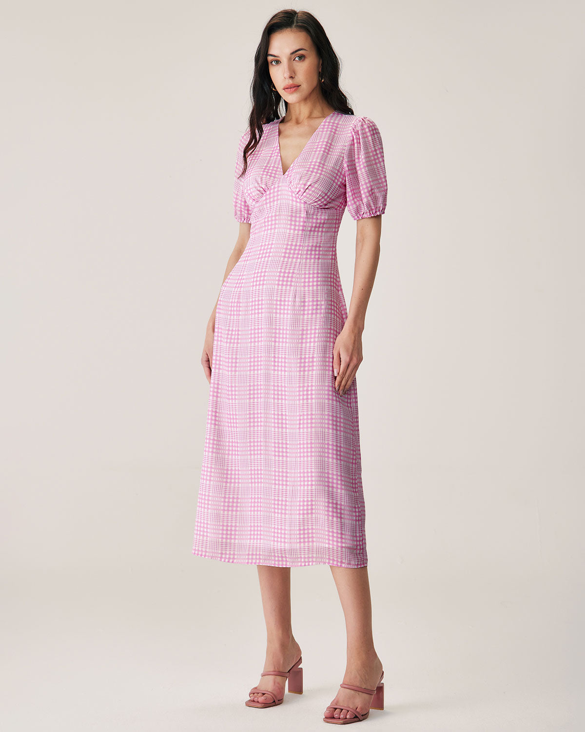 Pembe Ekoseli V-Neck Midi Elbise