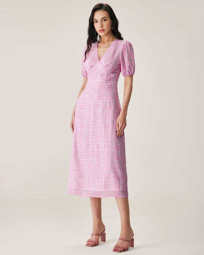 Pembe Ekoseli V-Neck Midi Elbise