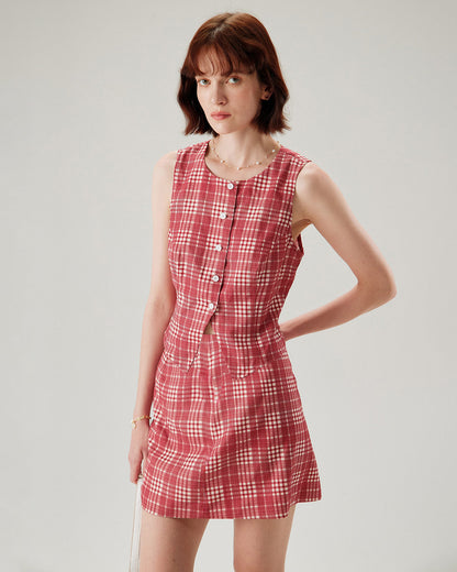 Kırmızı Ekoseli High-Waisted Mini Etek