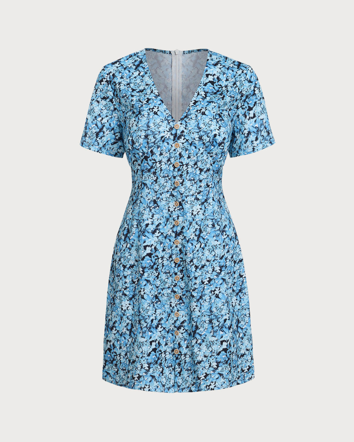 Mavi Çiçek Desenli V-Neck Düğmeli Mini Elbise