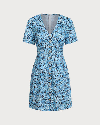 Mavi Çiçek Desenli V-Neck Düğmeli Mini Elbise