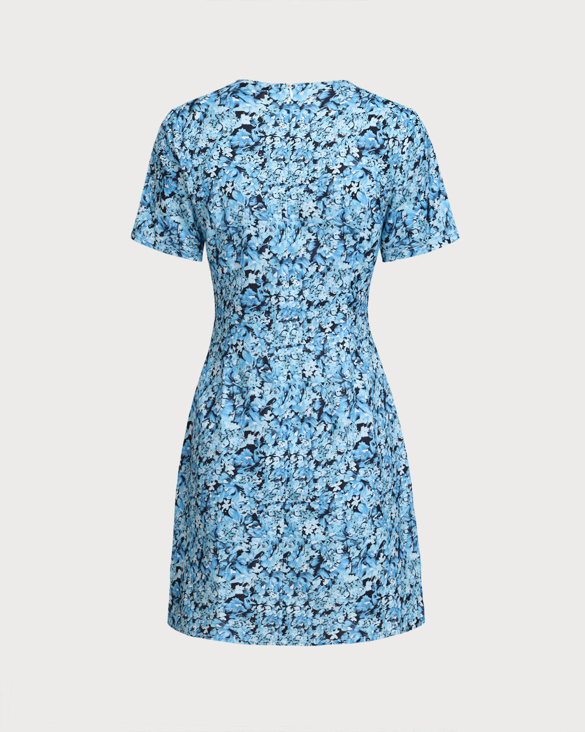 Mavi Çiçek Desenli V-Neck Düğmeli Mini Elbise