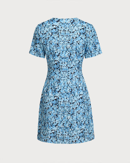 Mavi Çiçek Desenli V-Neck Düğmeli Mini Elbise
