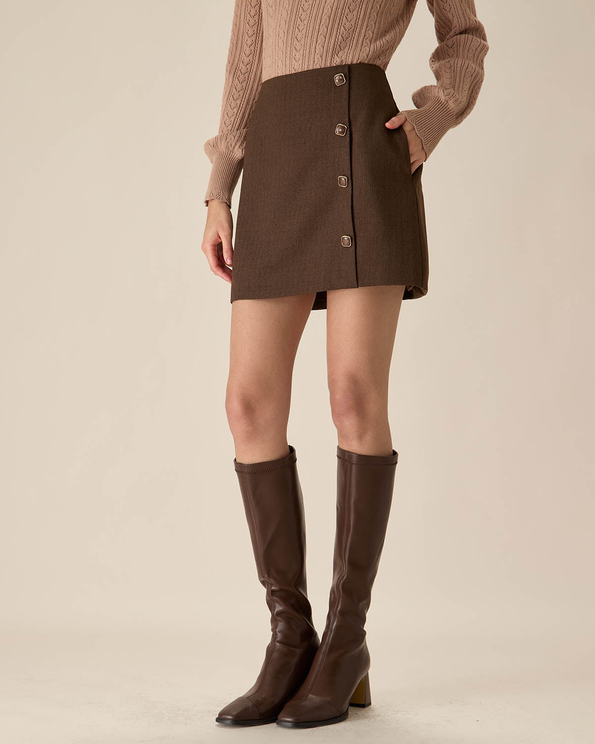 Kahve High-waisted Düğmeli Mini Etek