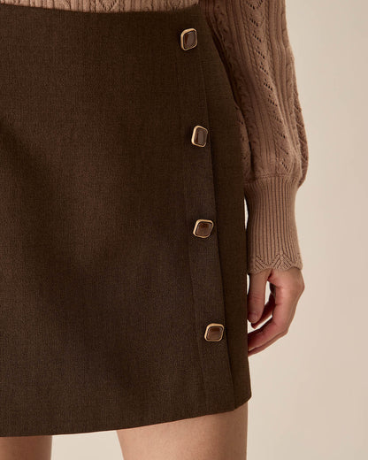 Kahve High-waisted Düğmeli Mini Etek