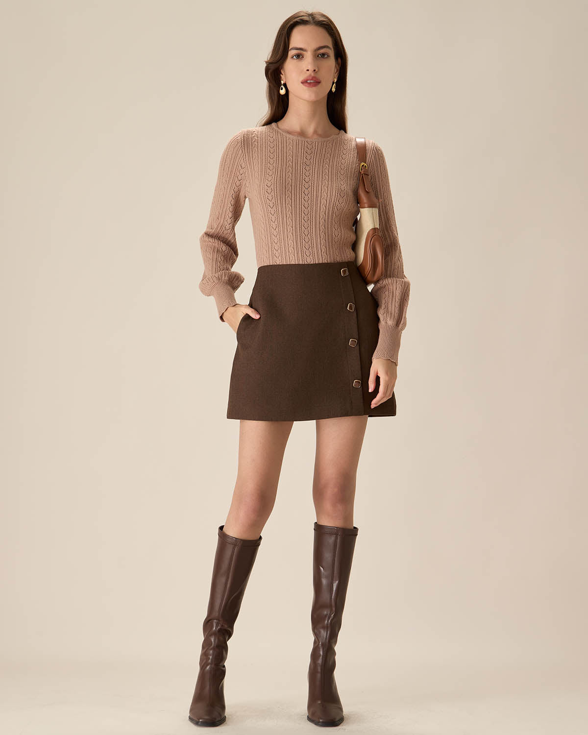 Kahve High-waisted Düğmeli Mini Etek