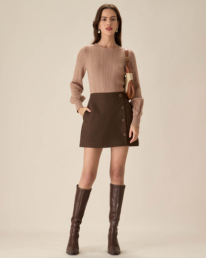 Kahve High-waisted Düğmeli Mini Etek