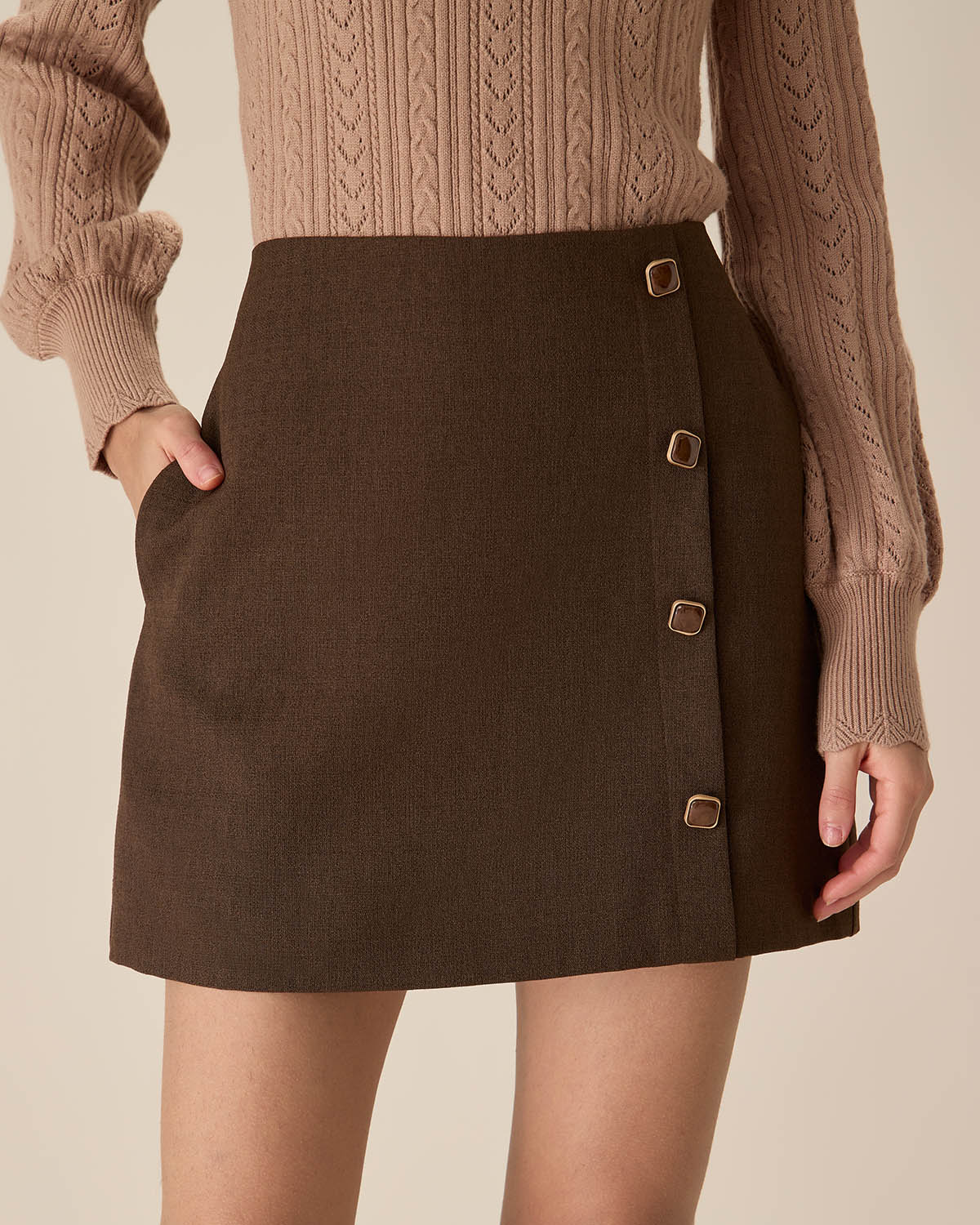 Kahve High-waisted Düğmeli Mini Etek