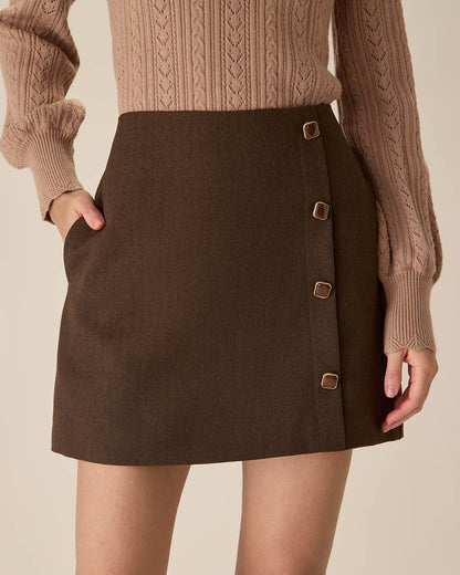 Kahve High-waisted Düğmeli Mini Etek