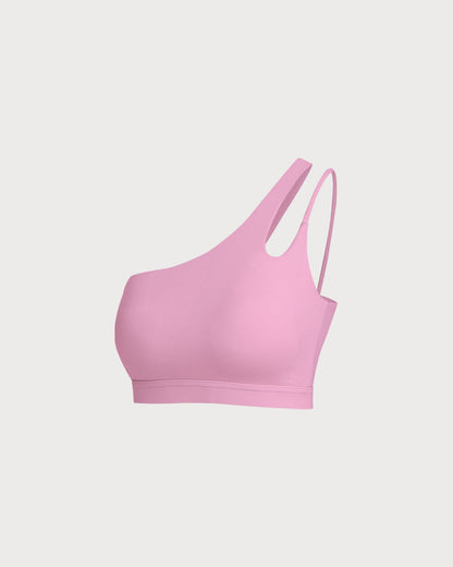 Pembe Crop One Shoulder Yoga Cami Üst - Hafif Destekli