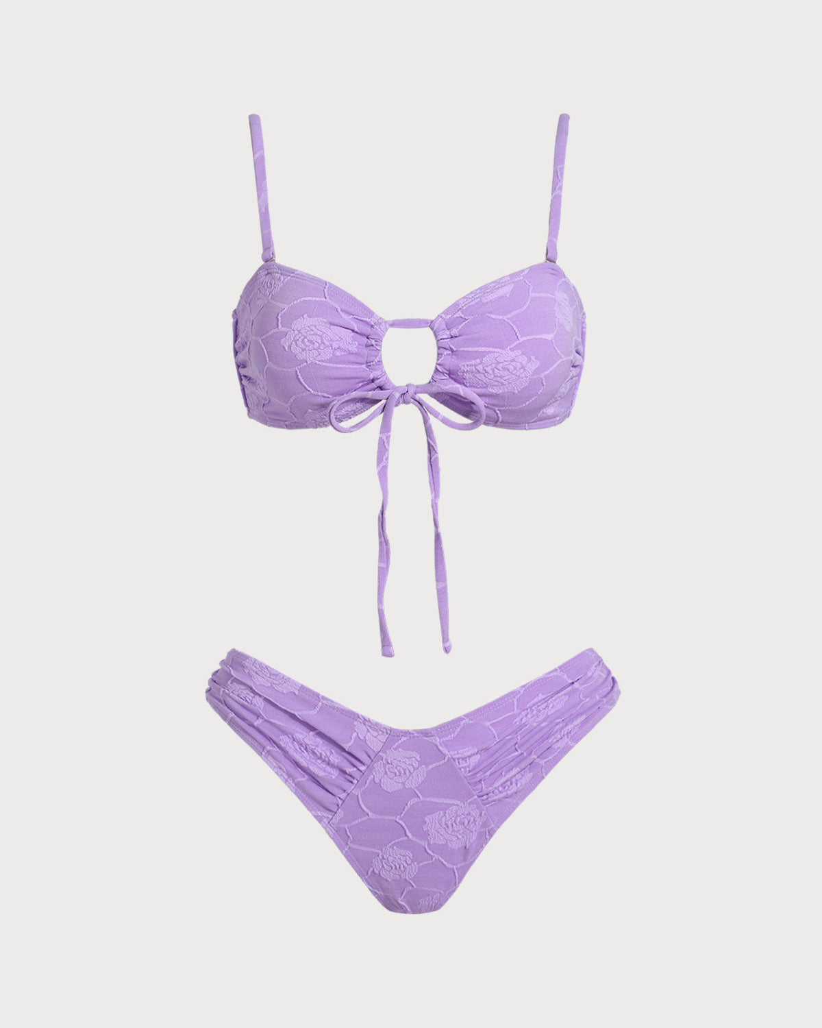 Mor Çiçek Desenli Dokulu Bandeau Bikini Takımı