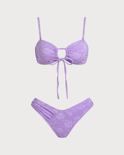 Mor Çiçek Desenli Dokulu Bandeau Bikini Takımı