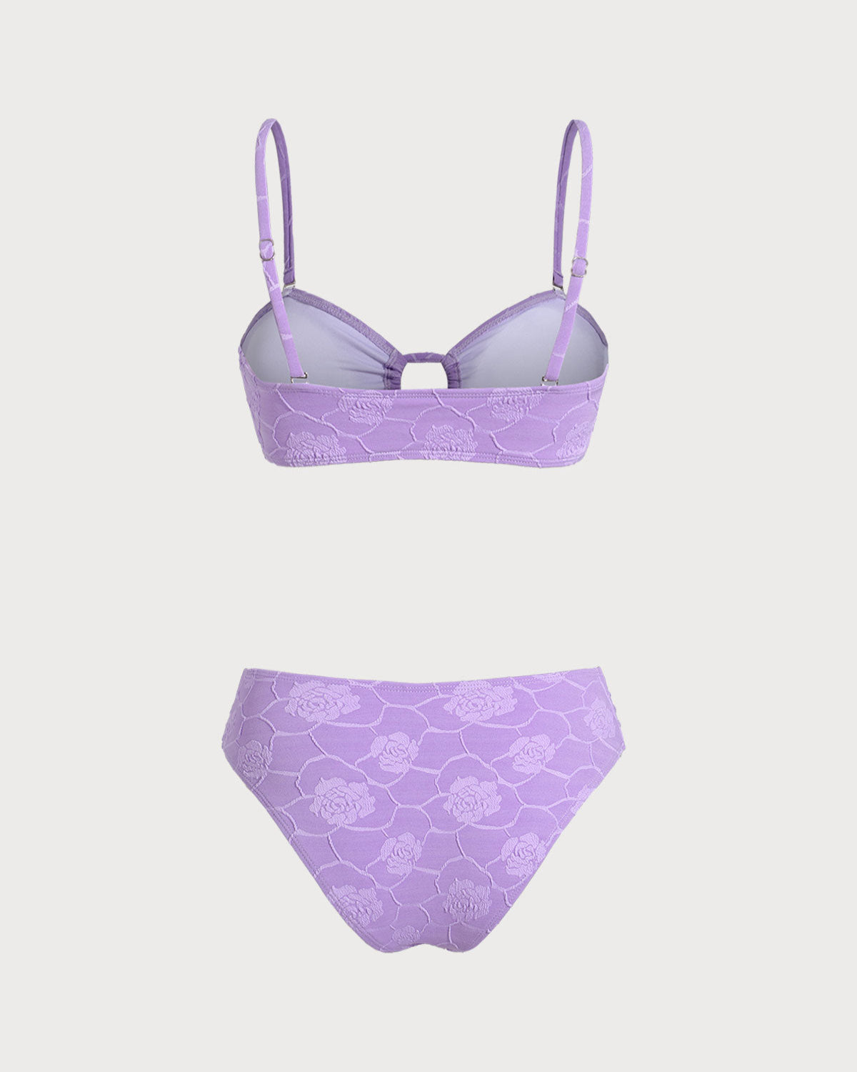 Mor Çiçek Desenli Dokulu Bandeau Bikini Takımı
