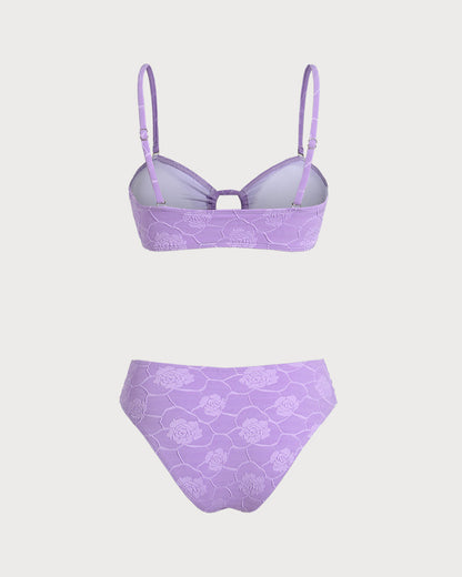 Mor Çiçek Desenli Dokulu Bandeau Bikini Takımı