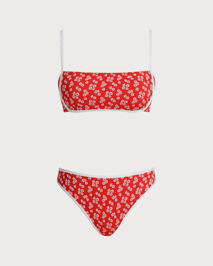 Kırmızı Çiçek Desenli Bralet Bikini Takımı