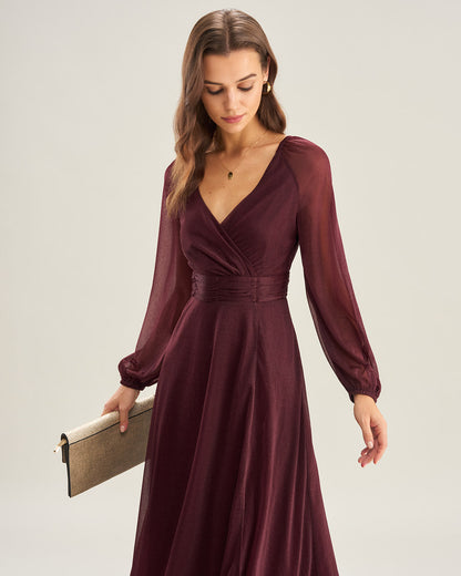 Mor V Yaka Transparan A Kesim Maxi Dresses
