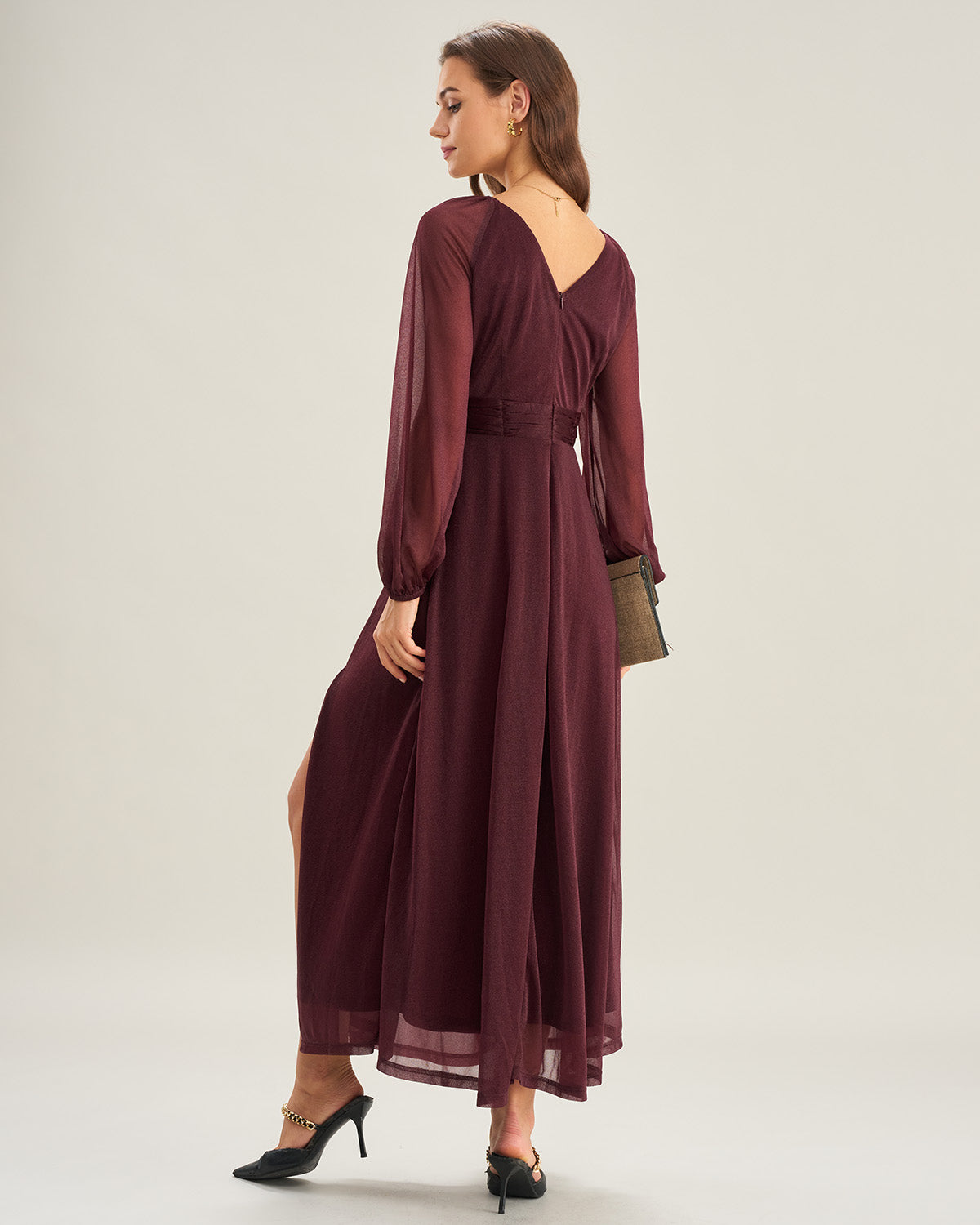 Mor V Yaka Transparan A Kesim Maxi Dresses