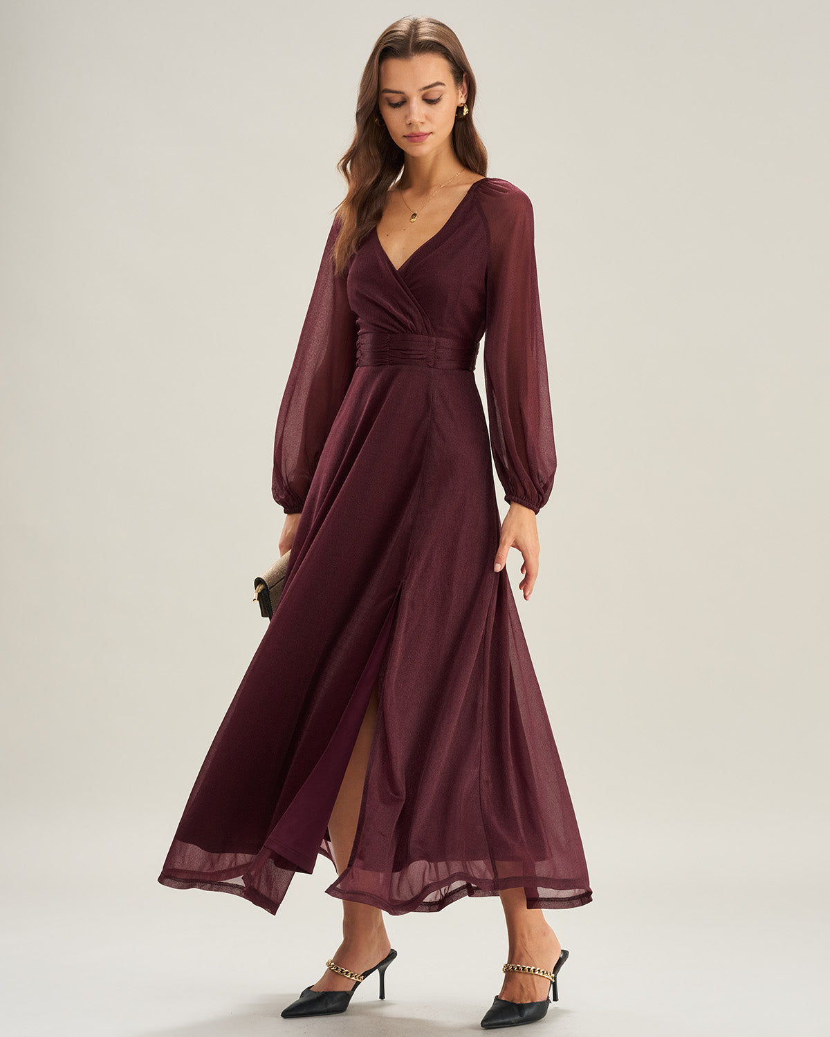 Mor V Yaka Transparan A Kesim Maxi Dresses