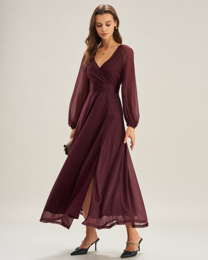 Mor V Yaka Transparan A Kesim Maxi Dresses