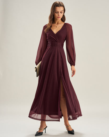 Mor V Yaka Transparan A Kesim Maxi Dresses