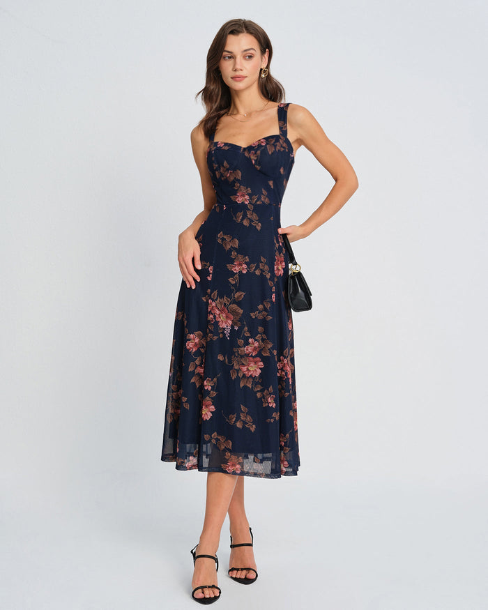 Mavi Çiçek Desenli Slip Midi Elbise