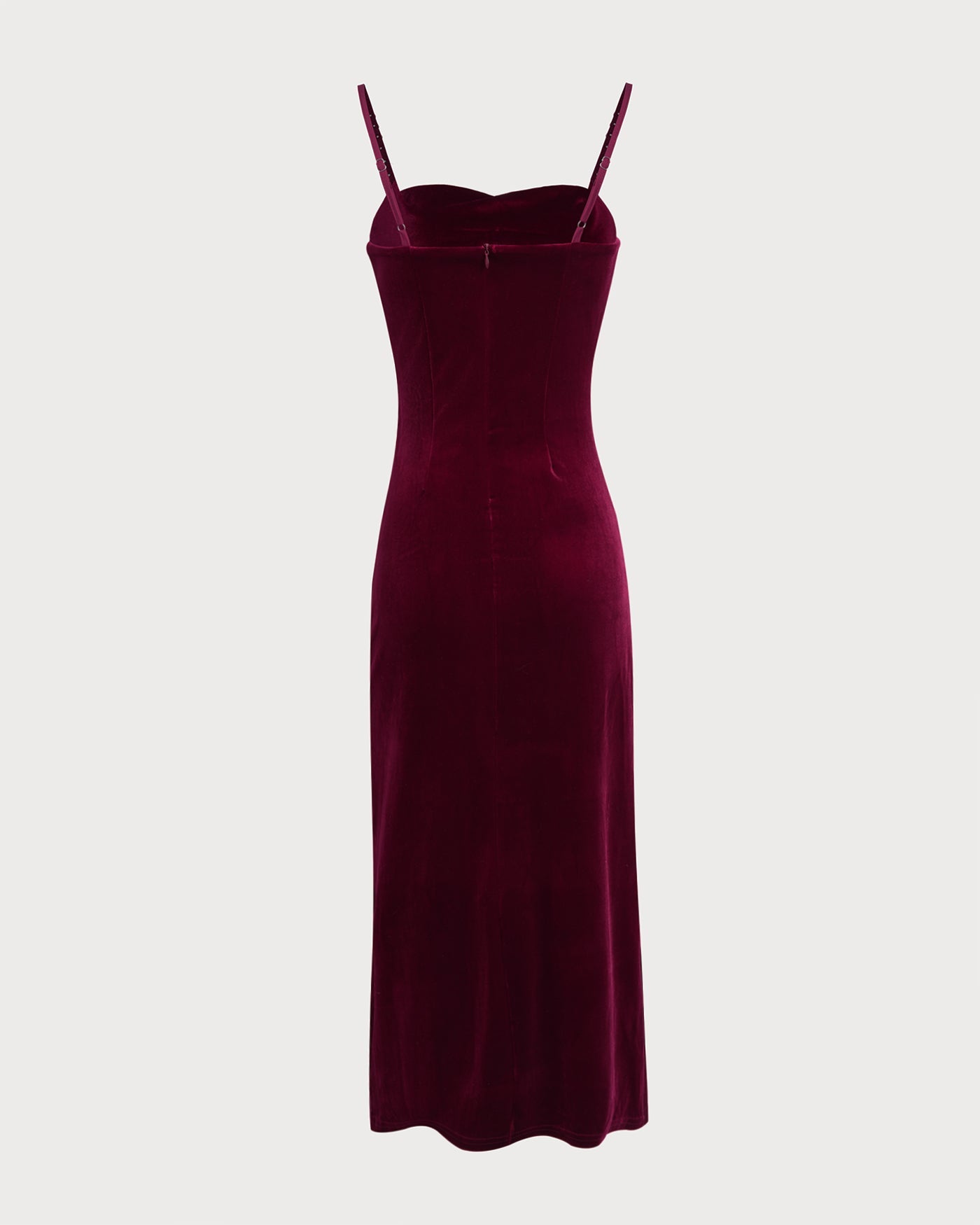 Bordo Kolsuz Askılı Velour Midi Elbise