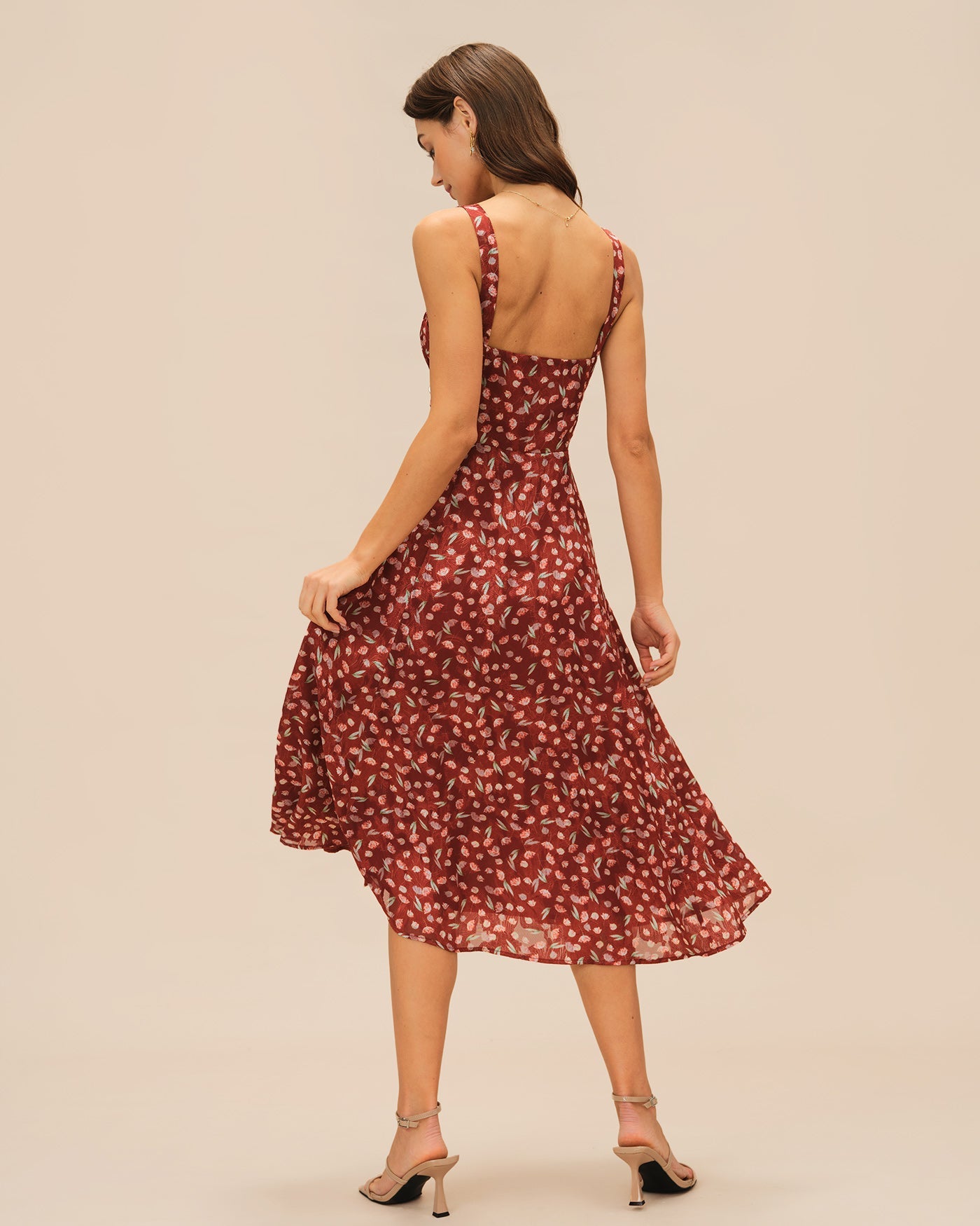 Bordo Çiçek Desenli Slip Midi Elbise