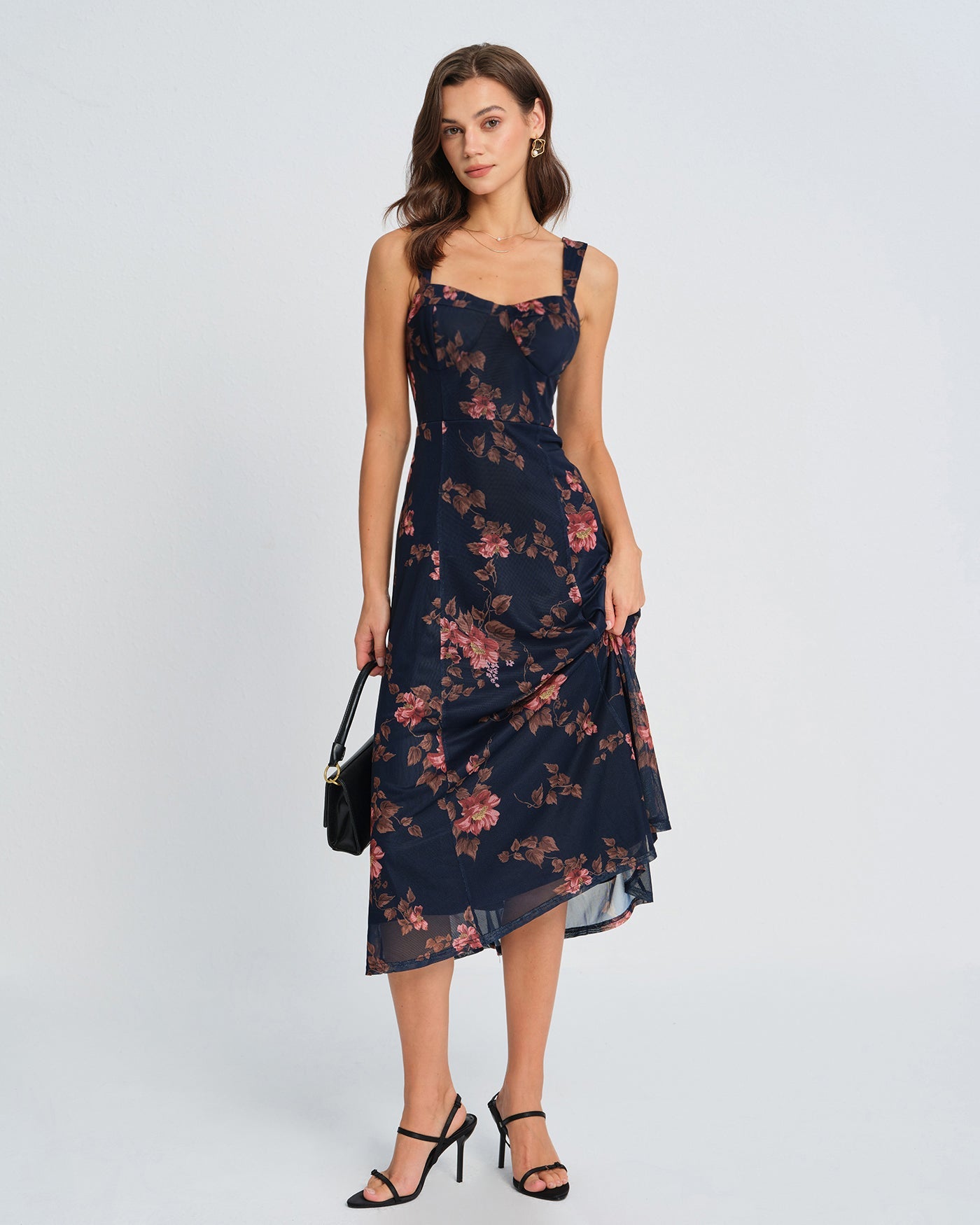 Mavi Çiçek Desenli Slip Midi Elbise
