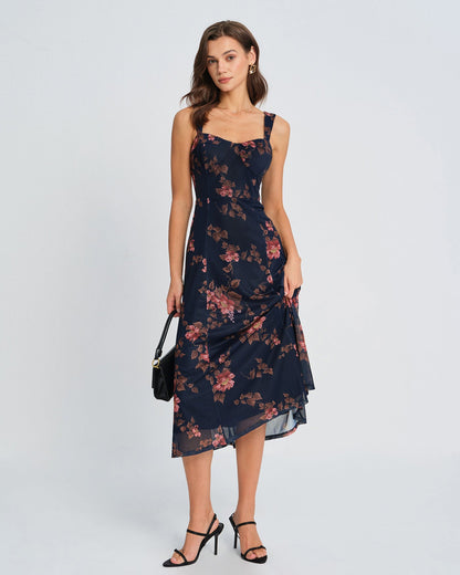 Mavi Çiçek Desenli Slip Midi Elbise