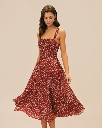 Bordo Çiçek Desenli Slip Midi Elbise