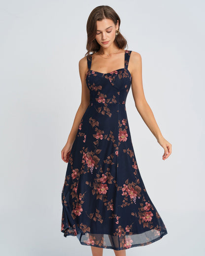 Mavi Çiçek Desenli Slip Midi Elbise