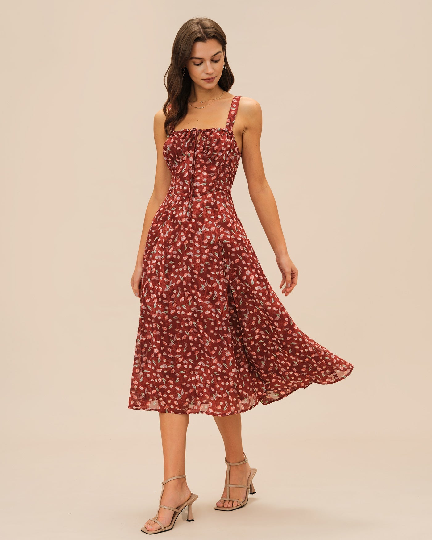 Bordo Çiçek Desenli Slip Midi Elbise