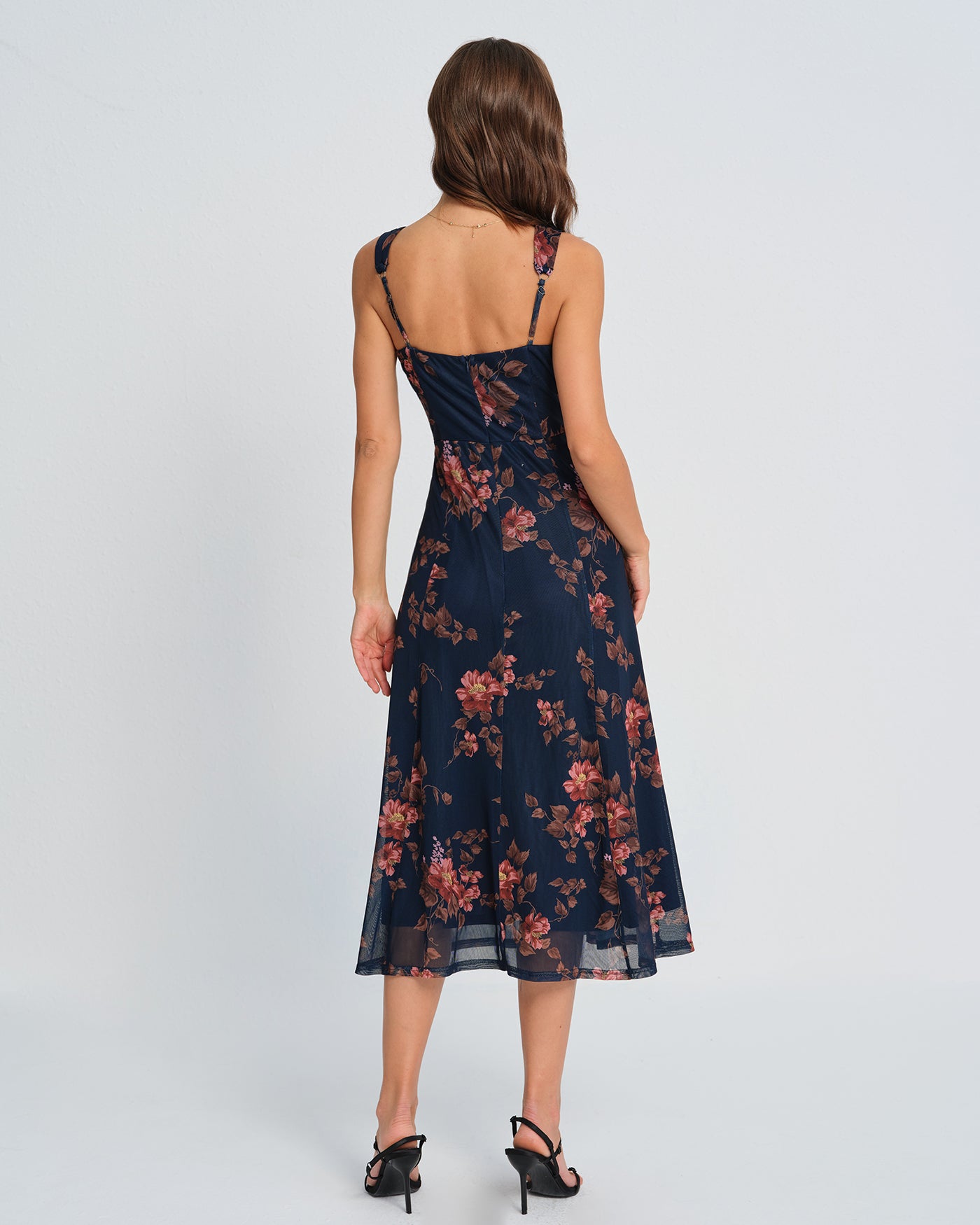 Mavi Çiçek Desenli Slip Midi Elbise