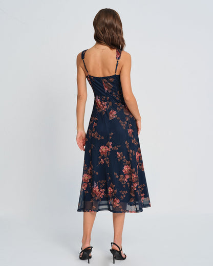 Mavi Çiçek Desenli Slip Midi Elbise