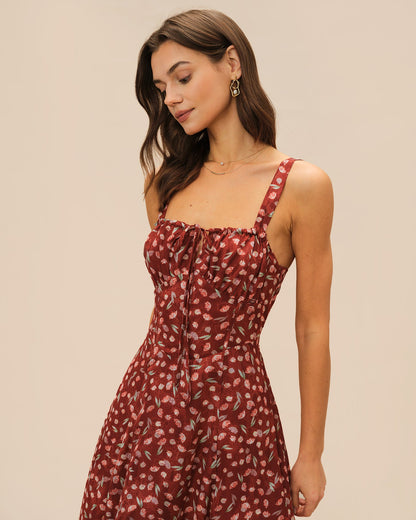 Bordo Çiçek Desenli Slip Midi Elbise