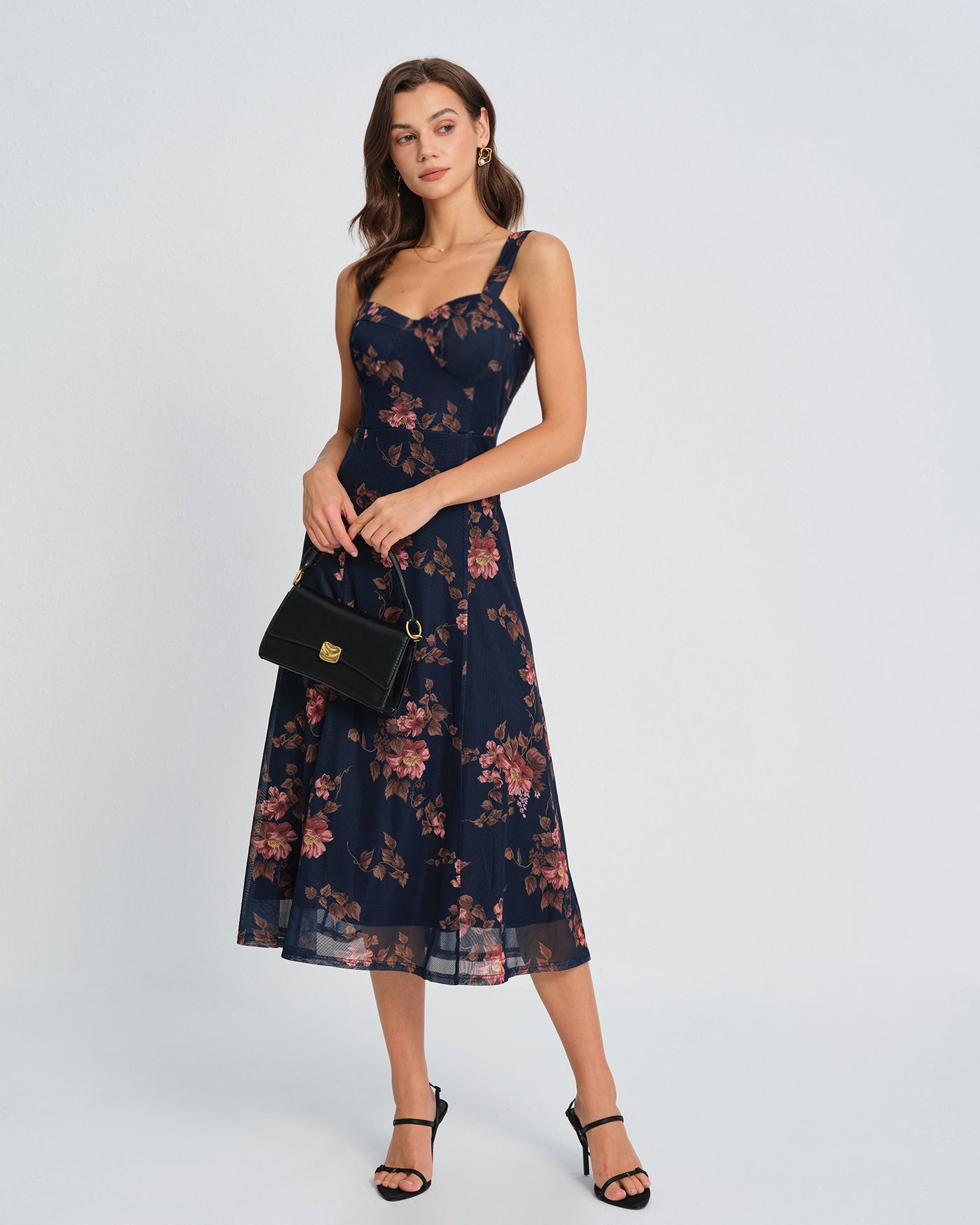 Mavi Çiçek Desenli Slip Midi Elbise