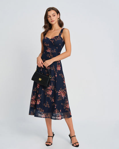 Mavi Çiçek Desenli Slip Midi Elbise