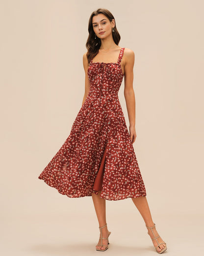 Bordo Çiçek Desenli Slip Midi Elbise