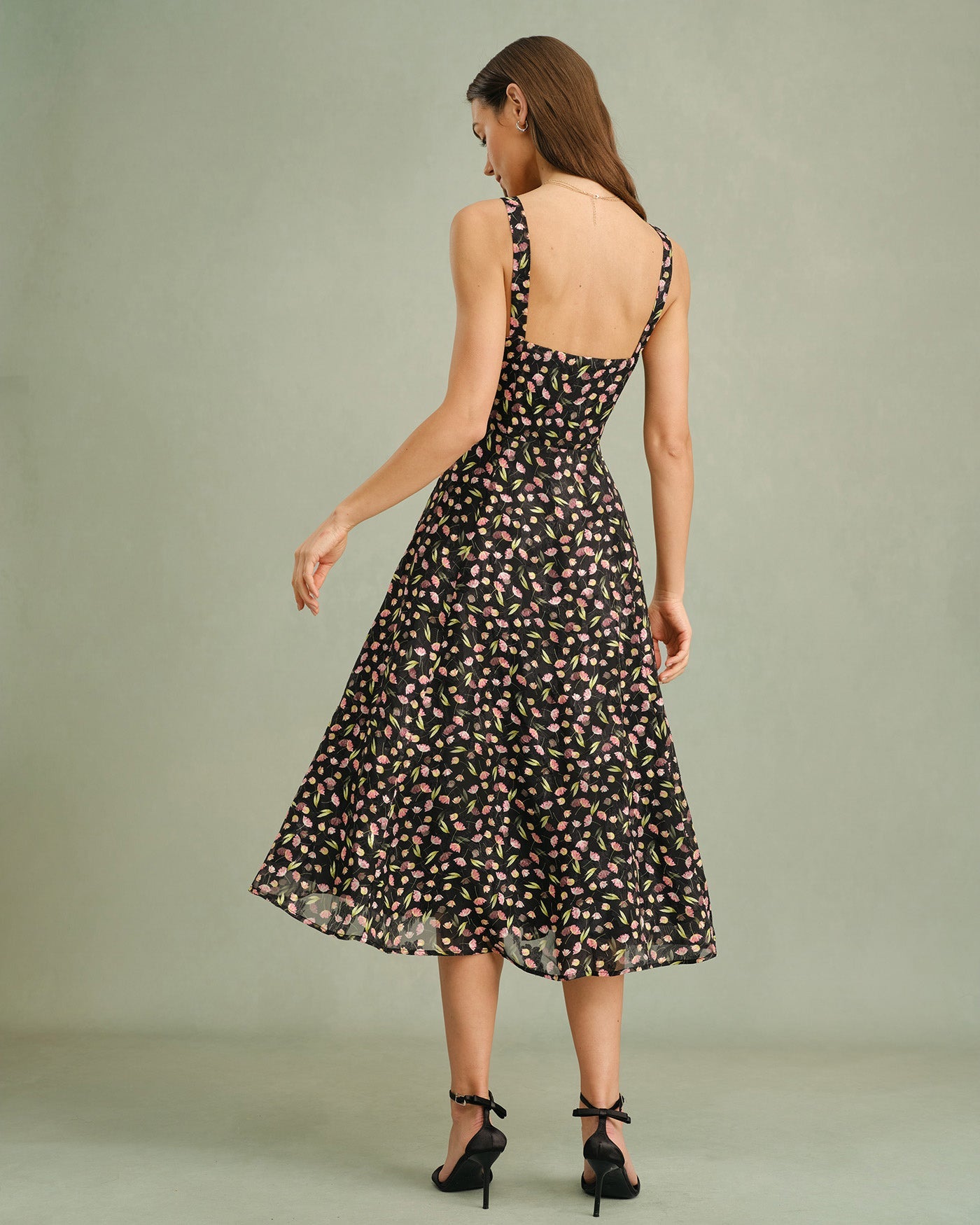 Siyah Çiçek Desenli Fermuarlı Slip Midi Elbise