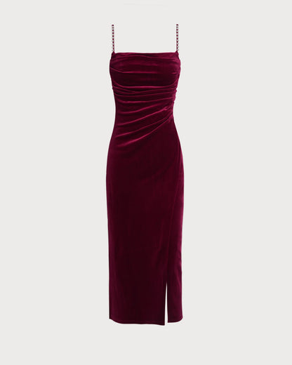 Bordo Kolsuz Askılı Velour Midi Elbise