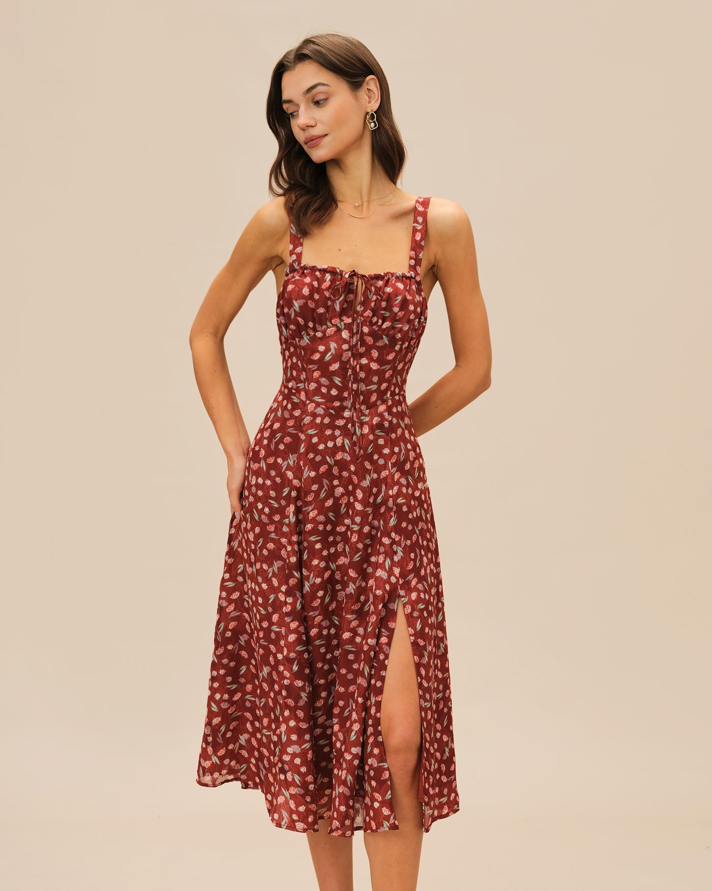 Bordo Çiçek Desenli Slip Midi Elbise