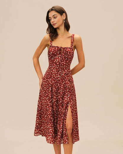 Bordo Çiçek Desenli Slip Midi Elbise