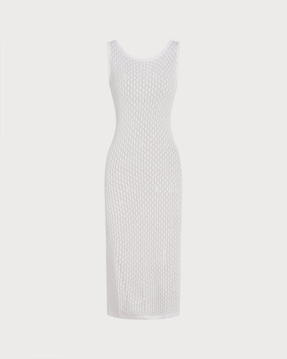 Beyaz Tığ Örgü Büzgü Bağlamalı Swimsuit Plaj Örtüsü