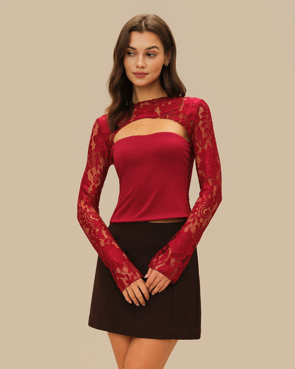 Bordo Çiçek Desenli Dantelli Tişört