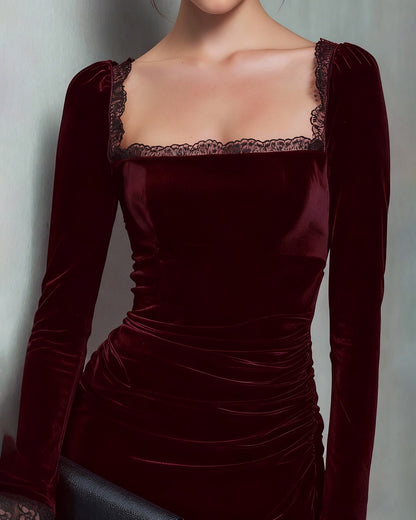 Bordo Velour Kare Yaka Mini Elbise