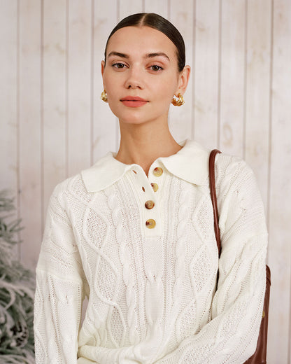 Bej Drop Shoulder Düğmeli Kazak